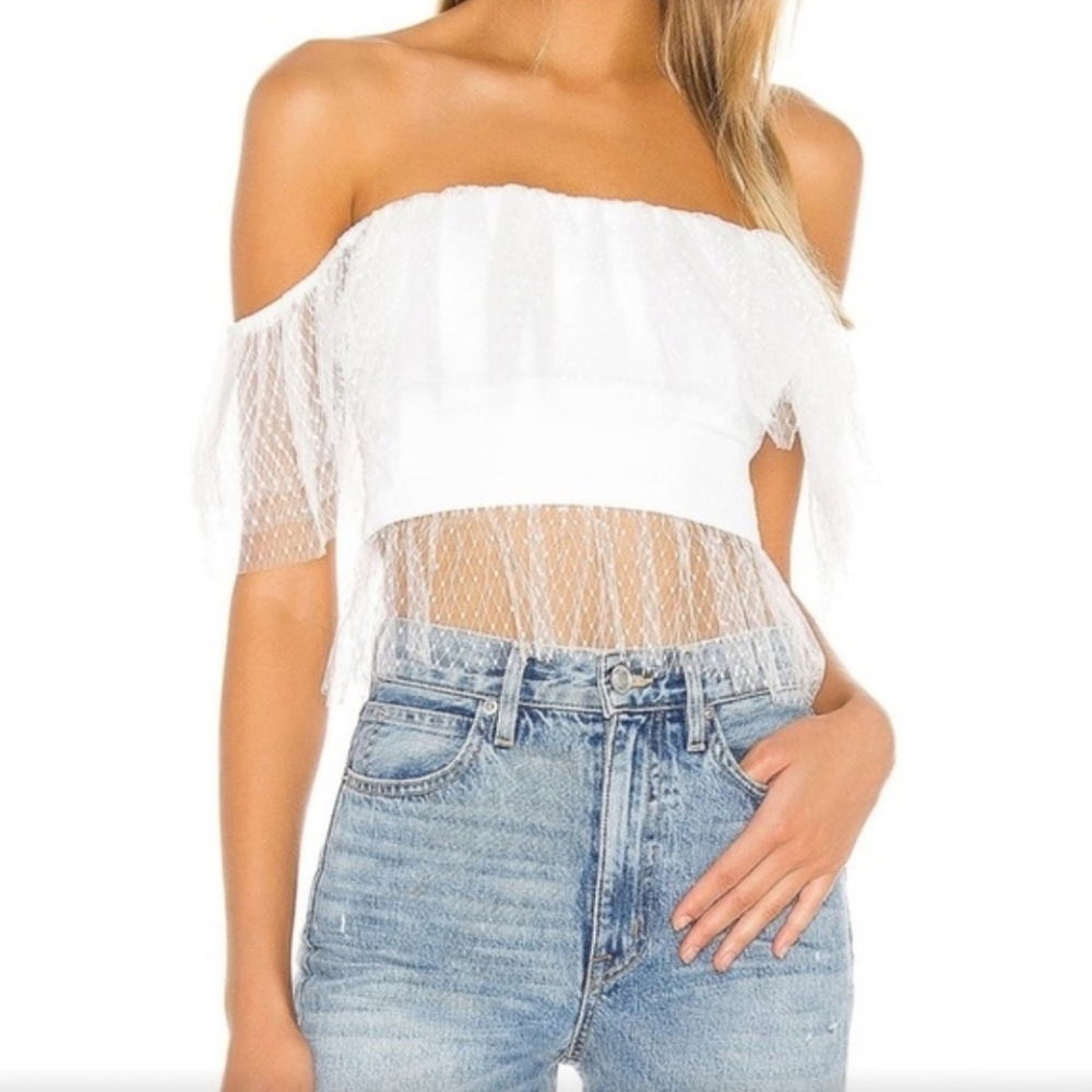 NBD Giselle White off the shoulder crop top with tulle polka dot overlay zipper
